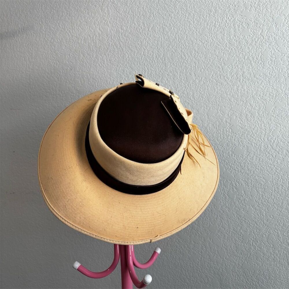 Midnight Velvet Vintage Beige Hat Beaded Bow & Feathers One Size - Picture 8 of 8